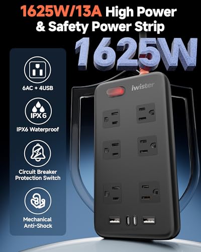 Image of Outdoor Power Strip Waterproof IPX6, 1625W /13A,10 Ft Extension Cord, 6 Wide Outlets & 4 USB Ports with Anti-Electric Shock, Wall Mountable for Yard, Workshop, Garage, RV