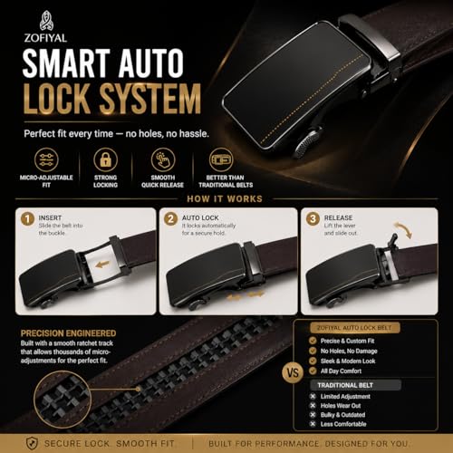 Image of Men's Auto Lock Belt with elegant design | Premium Vegan Leather | Adjustable Ratchet Belt | No Hole Design | Perfect Fit Waist 28-42 Inches for Office