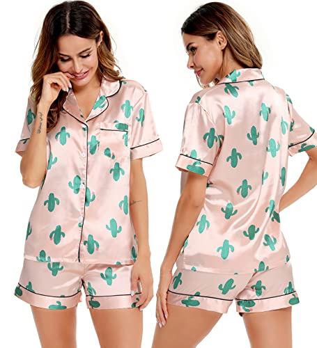 Image of SWOMOG Womens Silk Satin Pajamas Short Sleeve Sleepwear Button Down Loungewear Two-Piece Pj Set
