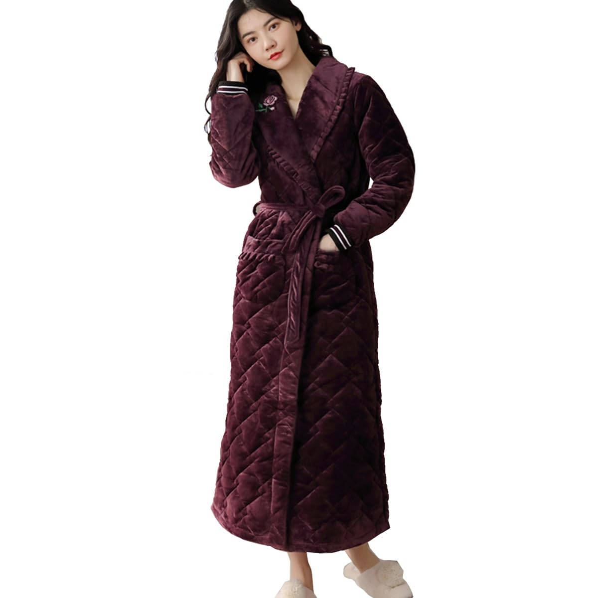 Zimowe Szlafroki Damskie Flanelowe Koszule Nocne Z Kieszeniami Koszula Nocna Z Długim Rękawem I Paskiem Miękka Bielizna Nocna(/Red,XL)