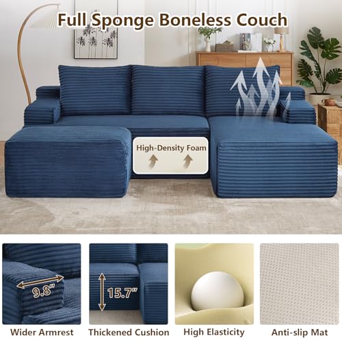 Image of 96 inch U-Shape Cloud Couch, Modern Modular Sectional L-Shape Sofa with Ottoman, Corduroy Upholstered Couches Deep Seat Sleeper Chaise Longue for Living Room, No Assembly Required(Blue, Right Facing)