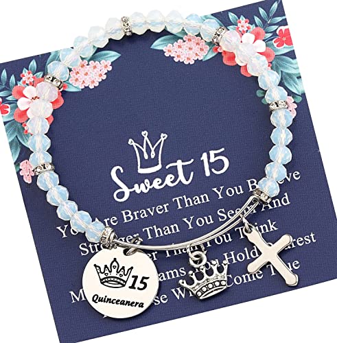 Image of FEELMEM Girl Sweet 15 Gift 15 Quinceanera Charm Beaded Bangle Bracelet Quinceanera 15th birthday Party Gifts for Her