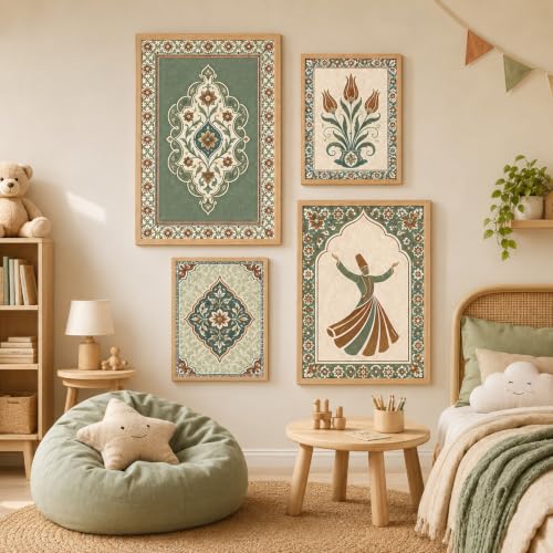 Image of Livin'luxe Set of 4 Persian Floral & Sufi Dancer Wall Paintings with Sparkle Laminate and Premium Wooden Synthetic Frame for Living Room Bedroom Office Decor (13.5 x 19.5 Inch & 11.5 x 13.5 Inch)