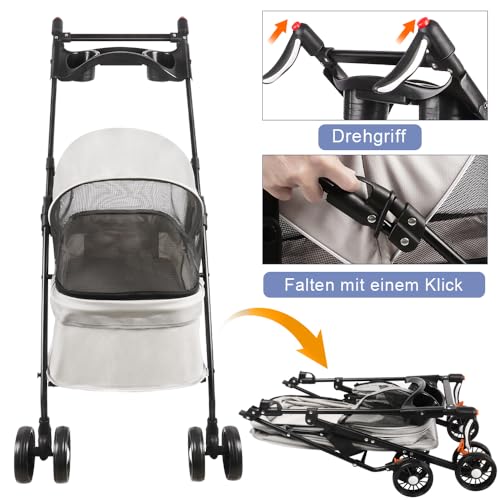 Homewell Klappbarer Haustierwagen mit Getränkehalter, Hundewagen & Katzenwagen, Leicht & Bequem mit Sicherheitsgurt, Atmungsaktiv, Stauraum, bis 20kg (Weiß)