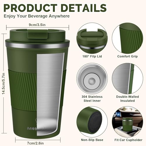 Image of MOMSIV 12oz Travel Mug, Insulated Coffee Cup with Leakproof Lid, Vacuum Stainless Steel Double Walled Reusable Tumbler for Hot and Cold Water Coffee and Tea In Travel and Car Armygreen 380ML
