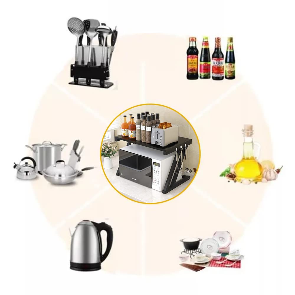 Etagere Cuisine Étagère Micro-Ondes 2 Niveaux HMAKGG - Support Extensible Avec 4 Crochets - Rangement Cuisine Réglable Noir étagère Micro Onde Costway