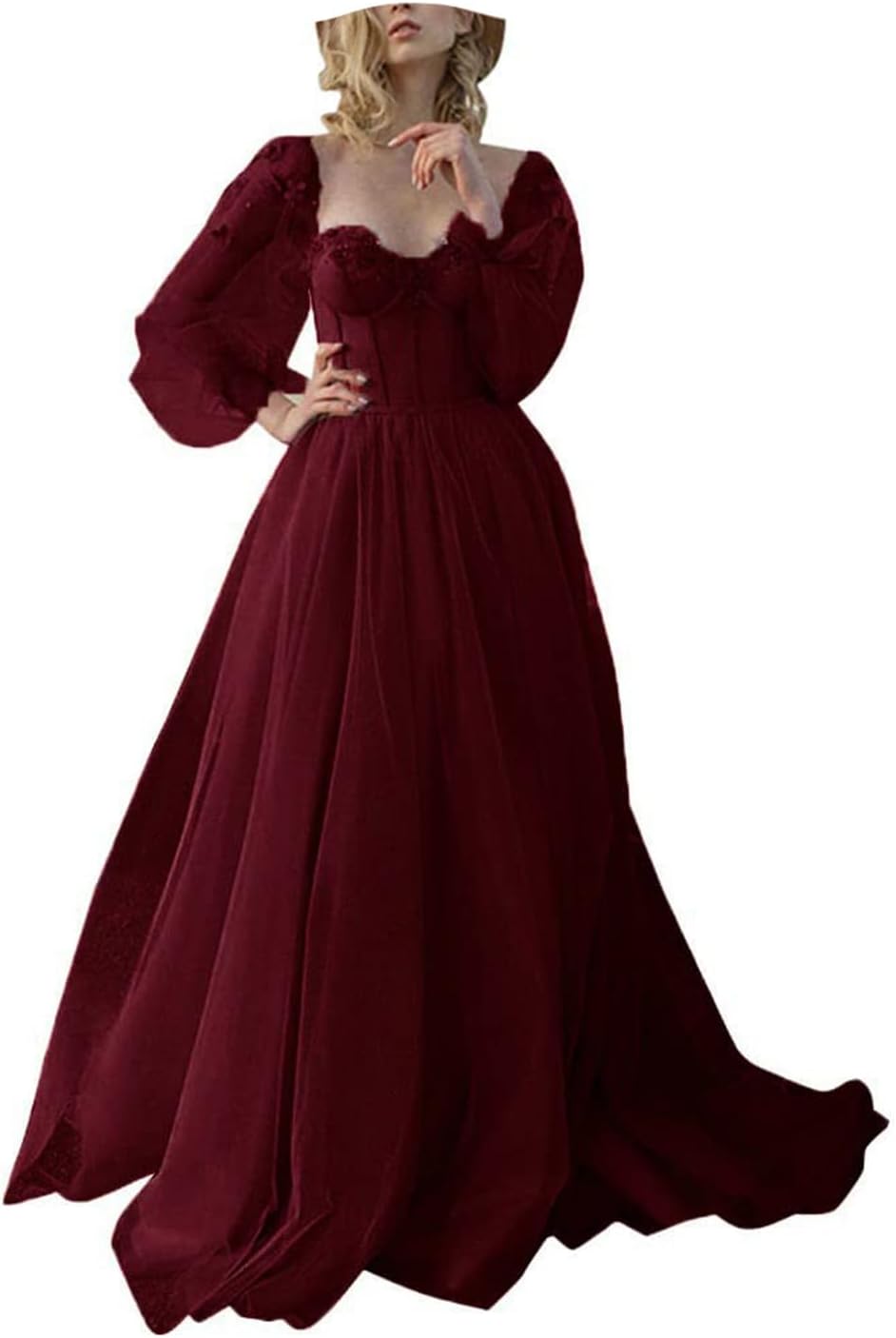 Fanciest Vintage Puffy Sleeve Prom Dresses Ball Gown for Women Formal Long Sleeve Backless Evening Gown