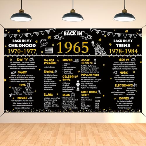 Image of DARUNAXY 61st Birthday Black Gold Party Decoration, Back in 1965 Banner Cheers to 61 Years Old Birthday Party Poster Supplies, 6 * 3.6FT Vintage 1965 Backdrop Photography Background for Men and Women