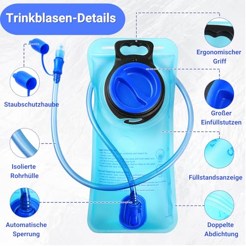 Geroony 2L Trinkblase | Materialverstärkte Auslaufsichere Wanderausrüstung Wasserflasche mit 100cm Extralangem Trinkschlauch – Ideal für Radfahren, Wandern & Klettern (Blau)