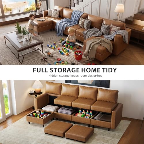 Image of ABCASA Faux Leather Sectional Couch, 118.5 inch 6 Seater U Shaped Modular Leather Sofa with Movable Ottoman and Storage Seat with Reversible Chaise Deep Seat for Living Room Brown