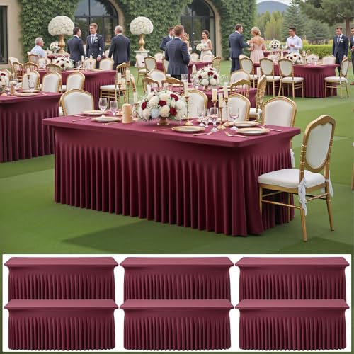 Image of 6 pk Burgundy Spandex Tablecloth 6ft with Ruffled Tables,Wrinkle Free High-Stretch Fitted Table Cloths for 6 Foot Rectangle Tables,Elastic Maroon Spandex Table Covers 6 ft for Weddings Banquet Dinning