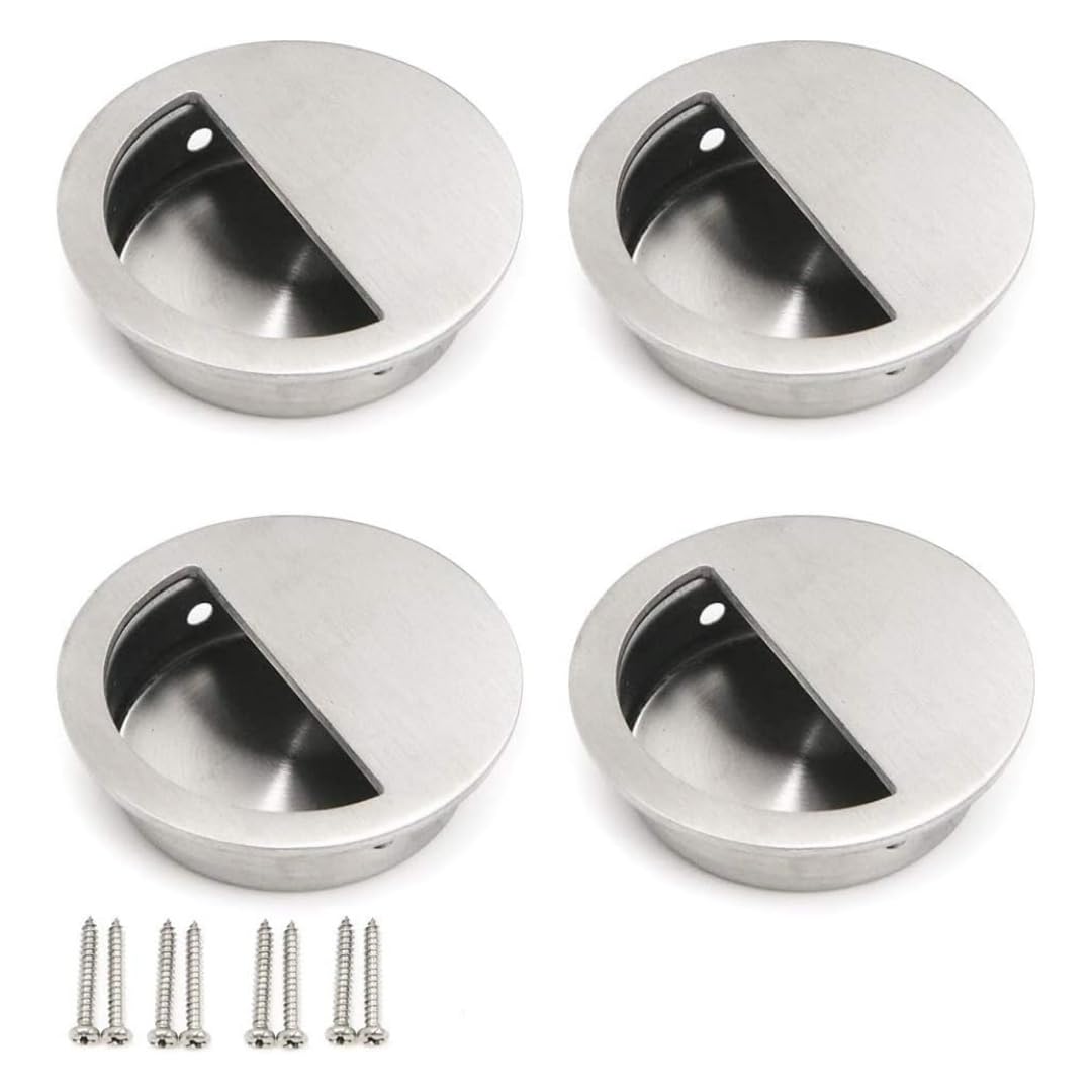Lymywujin Silver 4 Pcs Round Recessed Flush Pull Handles,Stainless Steel Hidden Concealed Screw Finger Pulls For Sliding Door,Cabinet & Drawer Hardware,Diameter 60Mm