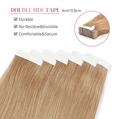 Image of Sixstarhair Strawberry Blonde Tape in Hair Extensions Remy Human Hair Double Side Tape Attached Invisible Hair Extensions 20 Pieces [Color 27 Strawberry Blonde 16inch]