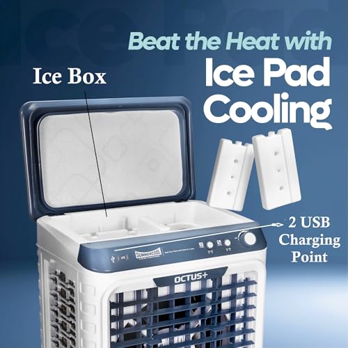 Image of SUMMERCOOL Octus Plus 95L Desert Air Cooler with powerful 16 inch motor | Beautiful Glass Top | Resuable Ice cube packet | Inverter Compatible | 45Ft Air Throw | Drain Hole | 1 yr Warranty | Blue