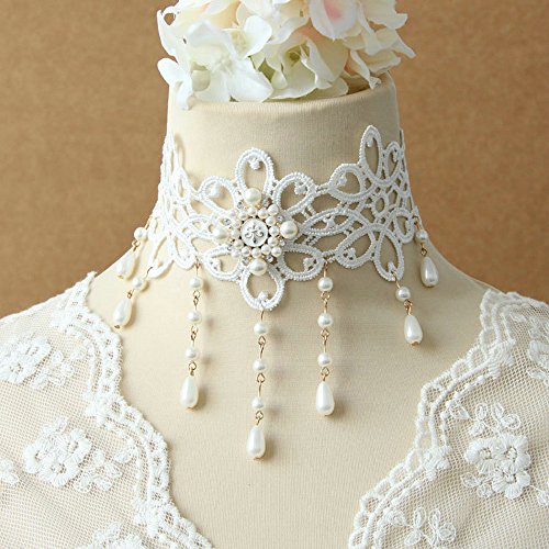 LEECO Elegant Sweet Pure Bride Wedding Accessories Gothic Ribbon Bridal Lace Princess Bridal Wild Wedding White Lace Choker Necklace,Tear-shaped Pendant Pearl Tassel White Necklace