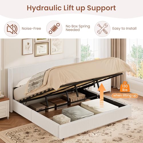 MilleLoom King Size Lift Up Corduroy Bed Frame, Storage Upholstered Platform Bed with Soft Headboard, Wooden Slat Support, No Box Spring Needed, Easy Assembly, White by MilleLoom - Image 6