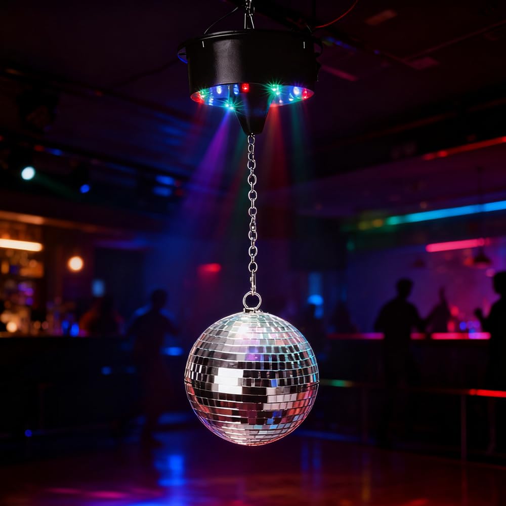 Motore Elettrico da Palla da Discoteca, ADDLIVE Motorino Elettrico da Palla Stroboscopica, Motore Elettrico Sup per Disco Ball, Velocità Massima 13R, 18 LED in 4 Colori per Disco Ball Fino a 5 KG