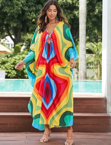 Image of KECVOT Kaftan Dresses for Women Plus Size Batwing Sleeve Caftans Long Bathing Suit Cover Up Maxi Beach Dress Loungewear