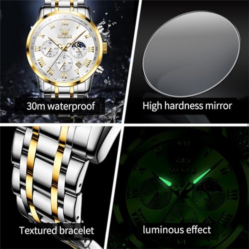 Image of OLEVS Men Multifunction Watch, Multi Dial Waterproof Luminous Chronograph Men's Watch with Date Gift for Men,Stainless Steel Watches for Men,Classic Men Wrist Watch, gold sliver band white face-5529G