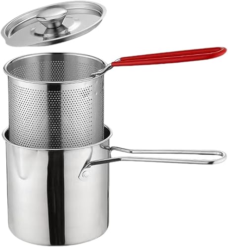 Unomor 1 juego de sartén de acero inoxidable con cesta coladora y asa, freidora de aceite, sartén de leche, olla de cocina para freír pescado,