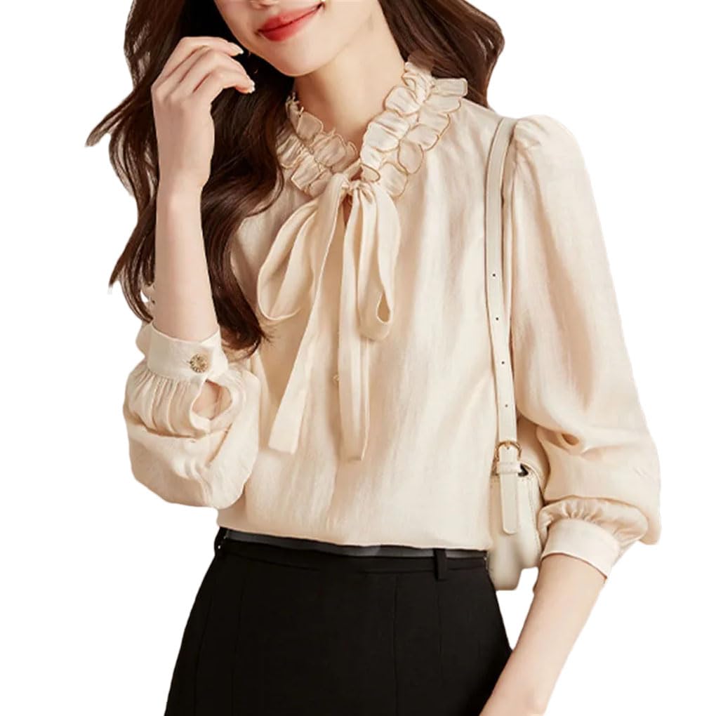 Blusa de gasa con volantes para mujer, color liso, casual, de manga larga, con lazo, con cordones