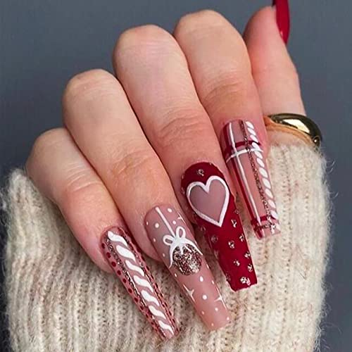 Yosommk Christmas Press On Nails Long With Heart Designs Pink+Red And White Coffin False Fake Nails Gift Artificial Nails For Women Stick On Nails With Glue On Static Nails #TOP1