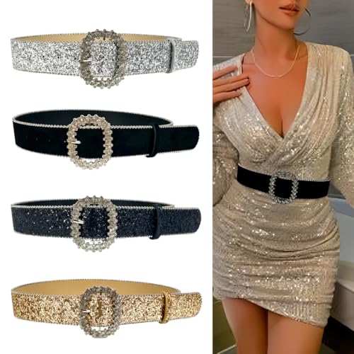 Sparkling Crystal Buckle Belt for Women Girl with Bead Trim Adjustable Glittering Sequins Cincher for Various Outfit3