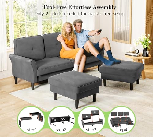 Image of Kidirect Small Sectional Couch, 83 inch U Shaped Couch, Comfy Velvet Couches for Living Room, Tool-Free Setup Modular Sectional Sofa, 850lbs Load Sofas for Living Room with 2 Movable Ottomans, Grey Couch