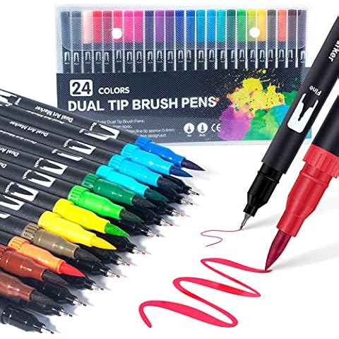 Dual Tip Brush Pens: Felt Tip Pen Set 24 Colors Colouring Pens Art Markers for Kids and Adults Colouring Book, Art Supplies Fineliner Tip Brush Marker for Drawing Sketching Design Calligraphy Painting Cover