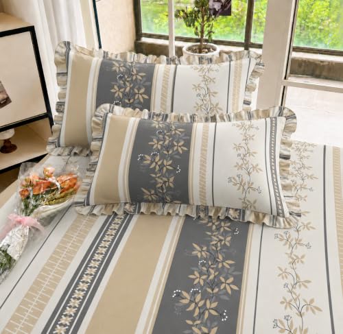 Image of VOMZER King Size (72x78) 300 TC Soft Cotton Feel Microfiber All Around Elastic Fitted Double Bedsheet with 2 Frill Pillow Covers | Grey Vine