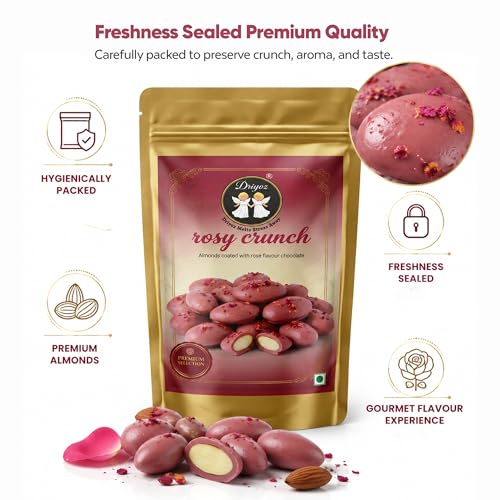 Image of DRIYOZ Rosy Crunch Rose Flavour Chocolate Coated Almonds 250g | Premium Crunchy Badam with Floral Chocolate Granules | Gourmet Sweet Nut Snack for Gifting & Celebrations
