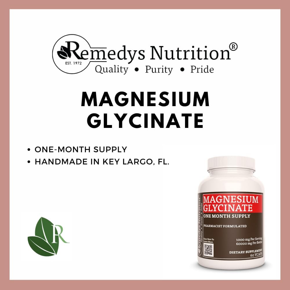 Remedy's nutrition Magnesium Glycinate | 1,000 mg, 60 Vegan Capsules Dietary Supplement | Two Month Supply | Also Contains Alfalfa Leaf, Watercress & Nettle Leaf