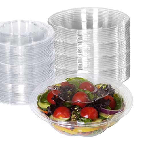 18oz Crystal Clear Disposable Salad Bowls with Lids - Clear Plastic Disposable Salad Containers for Lunch To-Go, Salads, Fruits, Airtight, Leak Proof, Fresh, Meal Prep | Rose Bowl Container (100)
