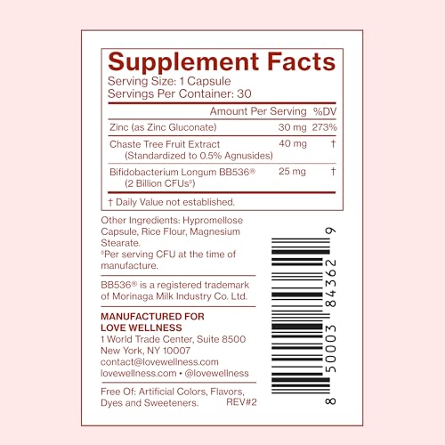 Love Wellness Clear Skin Probiotic | Clear Up Hormonal Acne Pimples, Redness & Pore Minimizer | Skin Care with Zinc, Bifidobacterium Longum & Chaste Tree Fruit Extract | Acne Treatment | 30 Count - Image 7