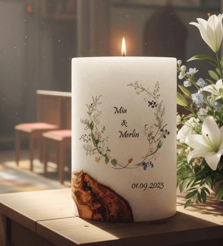 Ovale Hochzeitskerze "Eukalyptus gold wild". - Hochzeitskerze mit echten Holz und versiegelte Wachsoberfläche. Docht oder Teelicht wählbar. (1 Docht)