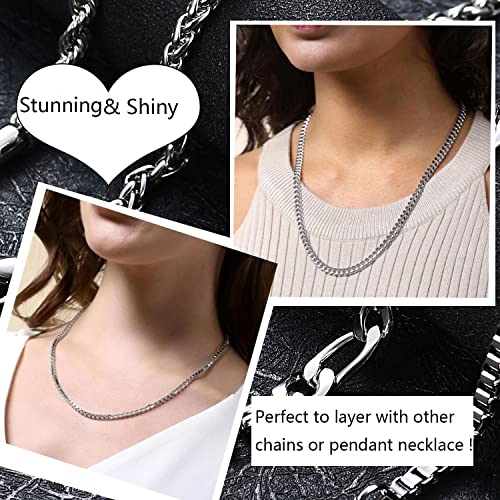 6 Pcs Silver Chains, Stainless Steel Cuban Link/Rope/Box/Figaro/Square Rolo/Wheat Chain Necklace Jewelry Set for Men Women3