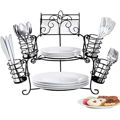 Collections Etc Metal Buffet Organizer with Scroll Design, 7-Piece Set for Plates, Napkins and Cutlery Cover