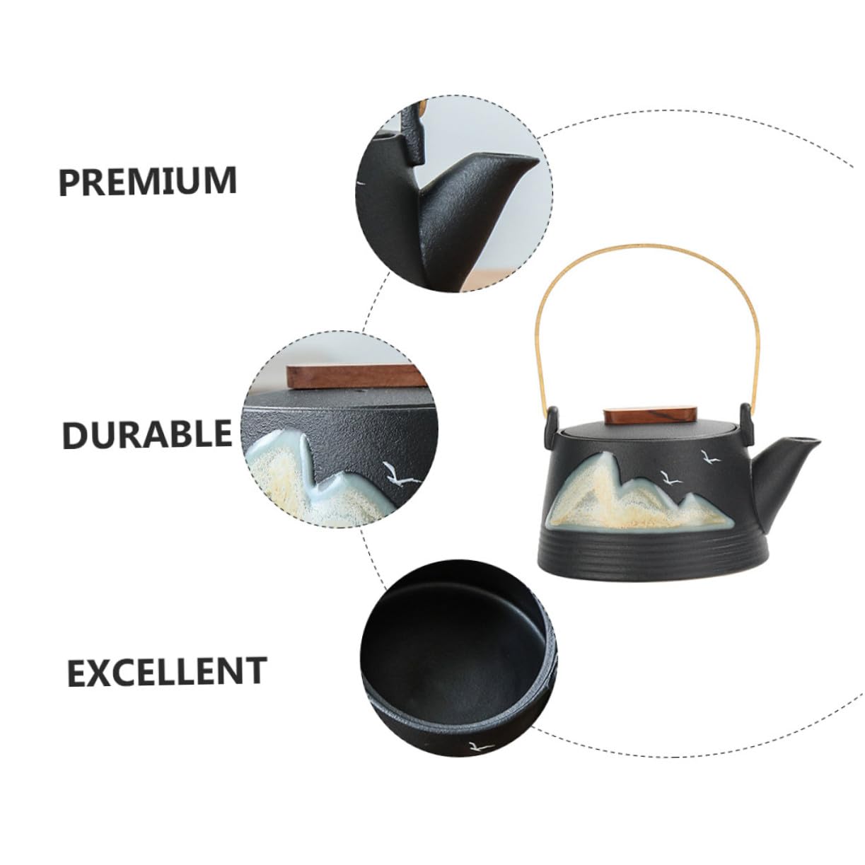 Tetera Diseño Creativo y Elegante Color Negro de Cerámica Pintada a Mano Mango de Tacto Frío para Sala de Té Profesional y Uso Hogar