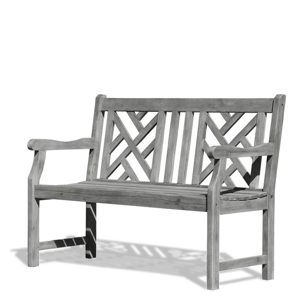 VIFAH Grey-Washed 4Ft Martha Latice Acacia Weathered-Wood Bench for 2 Seater in Entry Way
