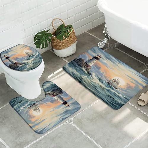 3pcs Coastal Lighthouse Bathroom Sets with Non-Slip Rug,Toilet Lid Cover and Bath Mat,Sunrise Blue Ocean Nautical Sailboat Vintage Oil Painting Beach Reef Wave Bathroom Carpet Bath Mat Toilet Rugs