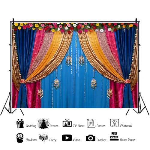 Image of 5x3ft India Style Backdrop Photography Curtain Flower Garland Photography Background India Hindu Wedding Traditional Banner Diwali Pooja Decorations for Bride Couple Portrait Props