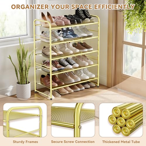 Image of Modern Shoe Rack, 5 Tier Heavy Duty Metal Mesh Shoe Shelf 27 Inch Wide, Glod