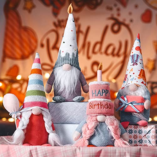 unanscre Birthday Gnomes Plush Decoration - 4PCS Happy Birthday Gnome Handmade Cute Scandinavian Swedish Tomte Elf Dolls for Home Farmhouse Table Ornament Party Favor Gifts Tiered Tray Decor