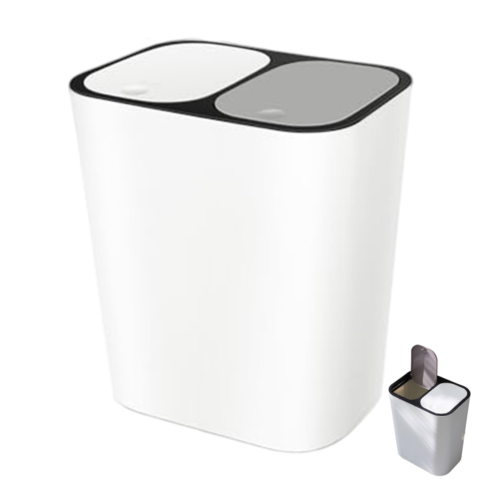 AwnsIMfreien Dual Compartment Trash Can, 15L Double Trash Can with Dual Lids for Kitchen Dry & Wet Waste Separation, Soft-Close Silent Lid, White, Double Kitchen