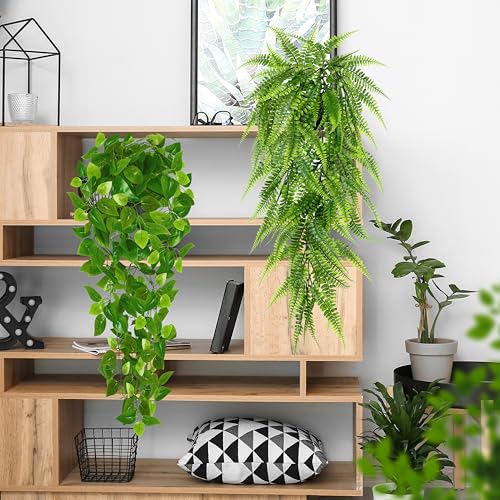 Image of Palonu Artificial Hanging Plants for Shelf, 4 Pack Fake Potted Greenery Plant Faux Mandala Vine, String of Pearls, Ivy Vine,Persian Grass Fern in Pot for Desk Home Bathroom Farmhouse Room Table Decor
