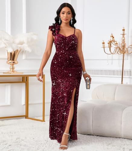 Image of Cololura Women Sexy Elegant Sequin High Split Ruffled Hem Mermaid Party Cocktail Bodycon Formal Evening Gowns Maxi Dress