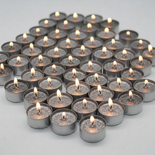 Image of Unscented Tea Light Candles | Soy Wax Blend Long-Lasting with Cotton Wick | Perfect for Home Decor, Parties, Weddings, and More | Set of 100 (Silver)
