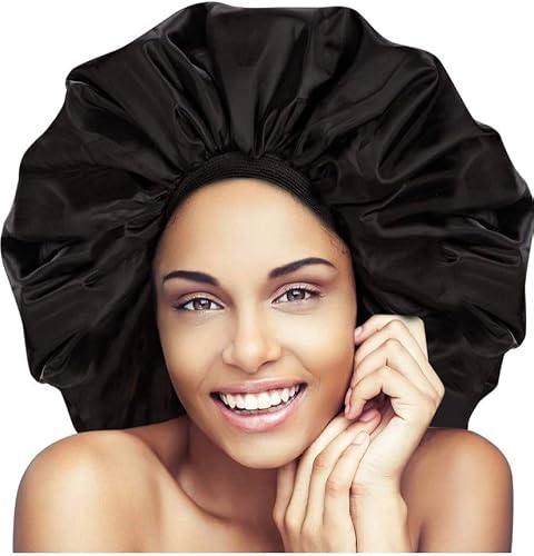 Extra Large Wide Band Sleep Bonnet Cap in breathable Black Satin Fabric