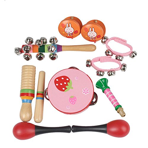 Musical Instruments Set ,Wooden Percussion for Kids-10Pcs,Preschool Educational Early Learning Instruments Sets Hand Bells Tambourine Toy (Red)