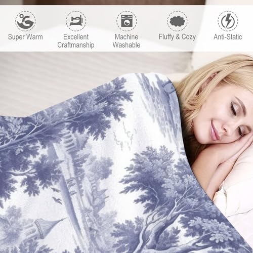 Printingco 8GX8RN81G31M Asian Style Throw Blanket Navy White Blue Toile Print Plush Blanket Ethnic Style Winter Warm Antistatic Suitable Culture Blanket All Seasons Suitable thumb #6